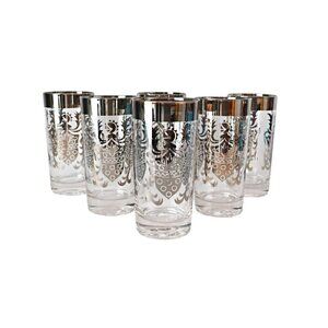 6 Vintage Kimiko Signed Silver High Ball Glasses Barware MCM Mid Century